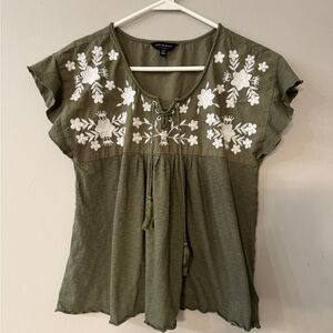 Olive Green Embroidered Women Top